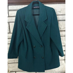 Vintage Herman Kay Coat Womens 16P Green Wool Blend Pea Button Front 90s USA